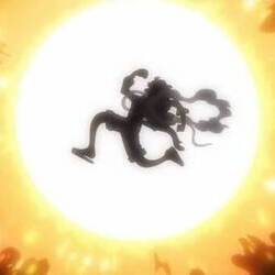 Image depicting a One Piece Charater jumping in Front of the Sun